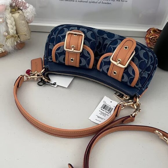 Coach Ashton Baguette Bag In Signature Canvas Denim/Brown CY700 - Picture 8 of 10